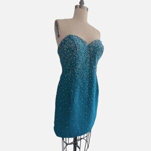 Teal Prom Dress Strapless Mini Rhinestones and Beads Size 12 Panoply